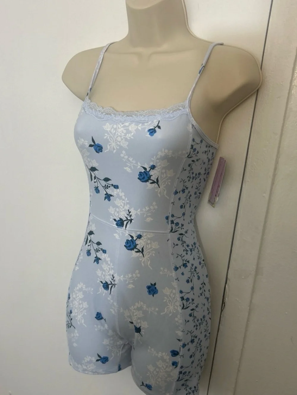 wild fable Light Blue Floral Lace-Trim Bodysuit Romper with Blue Rose Print